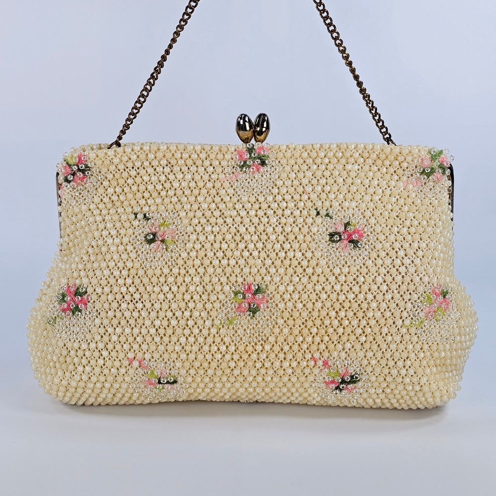 Vintage Lumured Corde Bead Cream Faux Pearl Floral Embroidered Clutch Bag